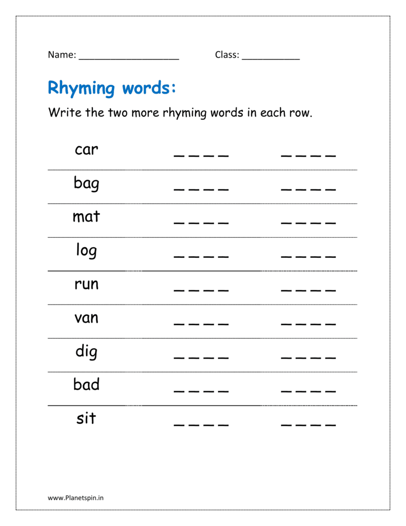 Write the rhyme words for each row