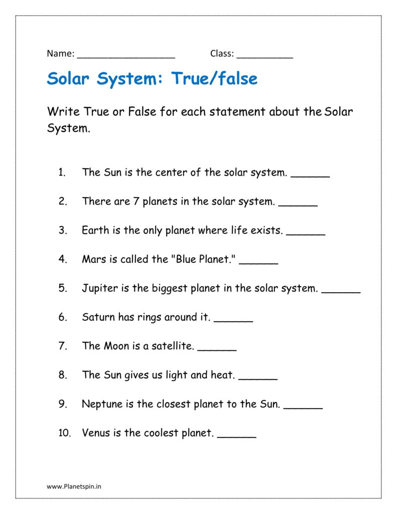 Write True or False for each statement about the Solar System