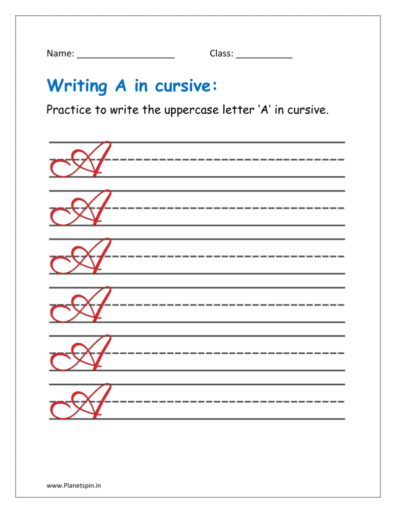 6. Practice to write uppercase letter A in cursive writing