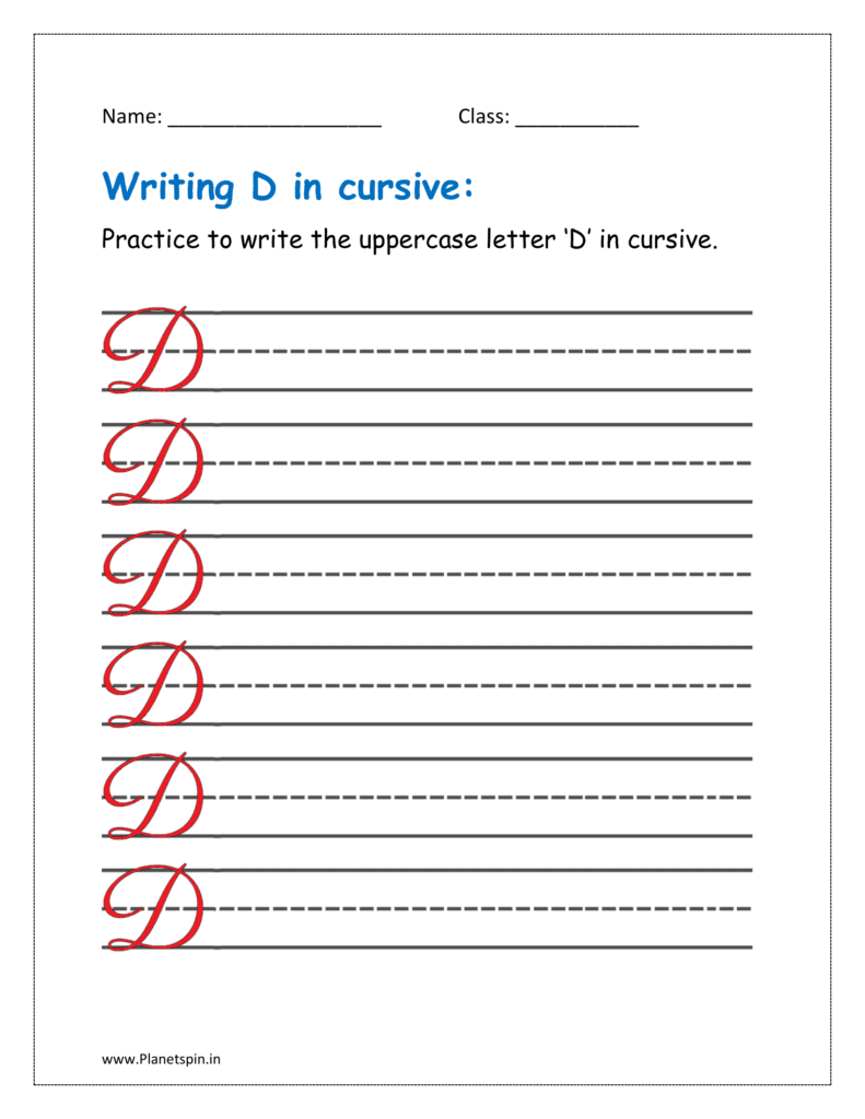 6. Practice to write uppercase letter D in cursive writing