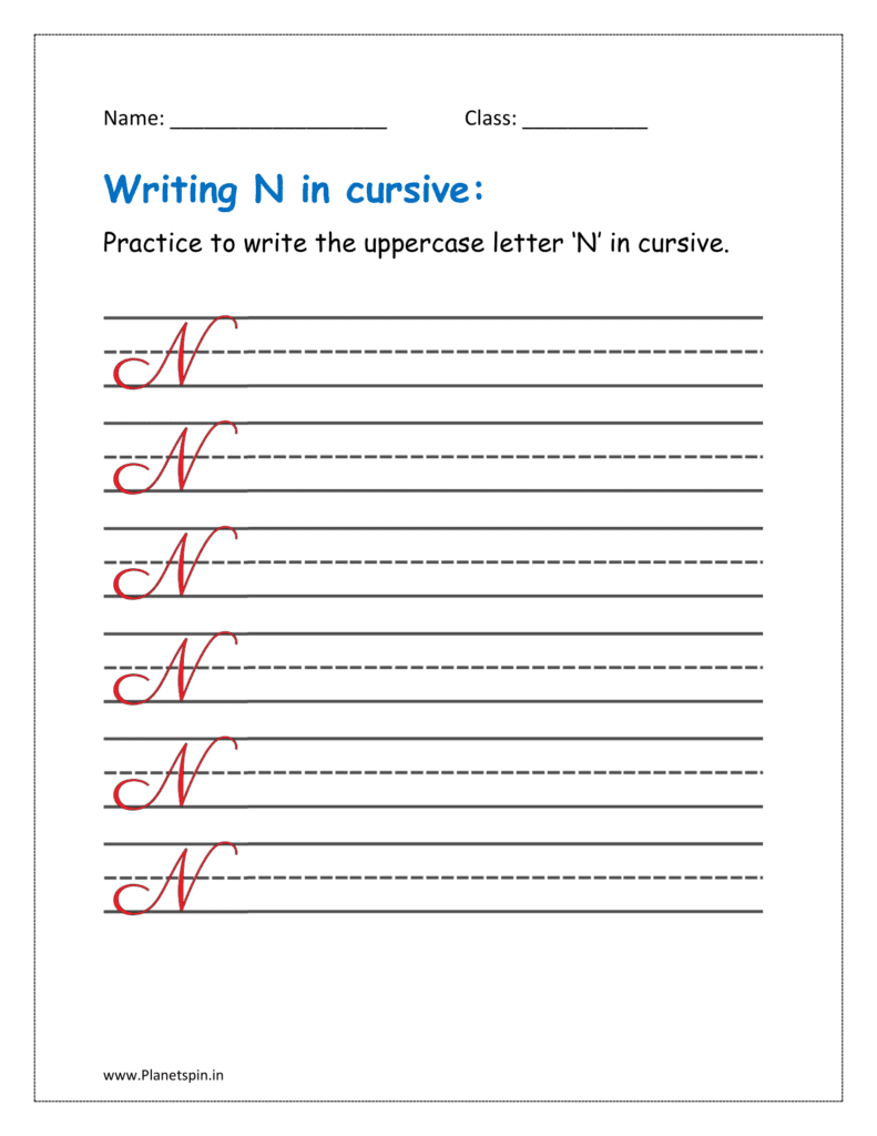 6. Practice to write uppercase letter N in cursive writing in free printable worksheet pdf